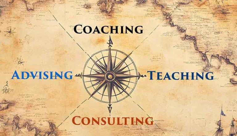 Illustration of coaching, mentoring, teaching, consulting, and advising as pathways to unlock professional and personal potential
