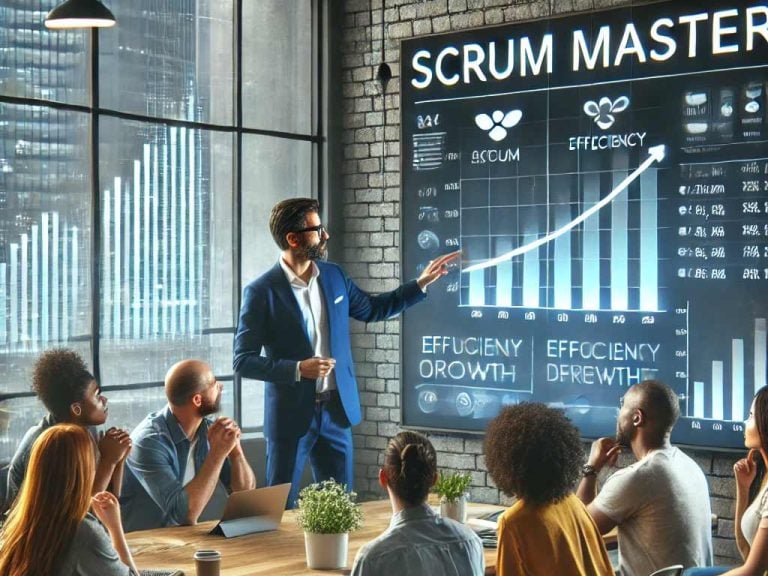 Scrum Master leading an Agile team discussion in a modern office, emphasizing team collaboration and productivity